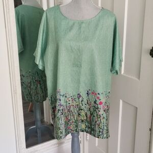 Miss Look artsy watercolor floral linen cottagecore blouse. Size XL